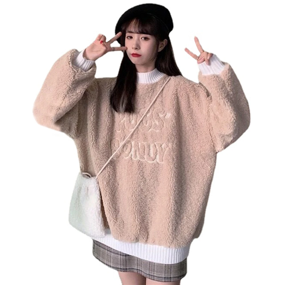 

Осенне-зимние пальто, однотонные милые женские свободные повседневные теплые толстовки с капюшоном в стиле Харадзюку, Женский флисовый пуловер, Женский свитшот