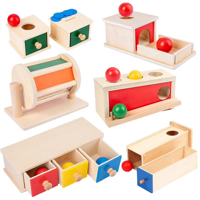 

Kindergarten Montessori Wooden Toys Winder Object Permanence Box Coin Box Drawer Game Textile Drum Teaching Aids Sensory Toys