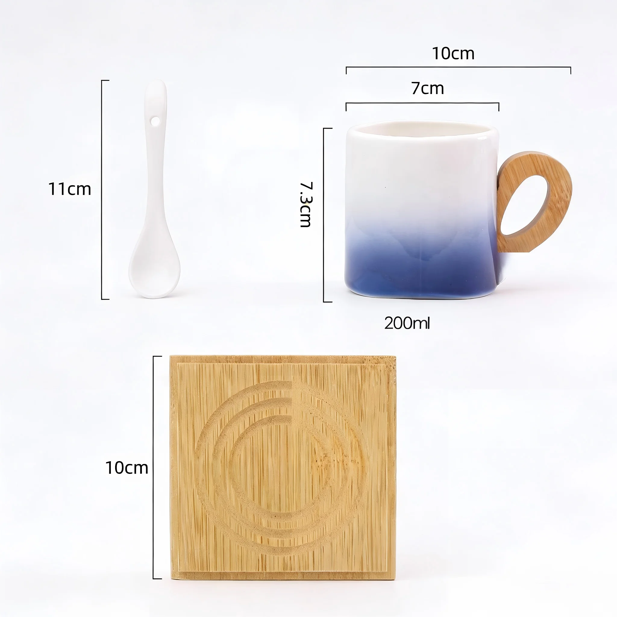 세라믹 머그 세트 200ml 그라데이션 대나무 손잡이 커피 차 컵 스푼 포함 대나무 코스터 미니멀리스트 주방 식기 음료용품