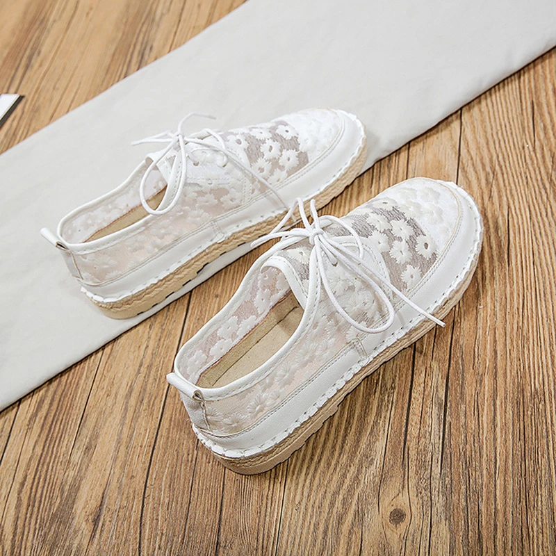 Women's Breathable Mesh Flower Lace Casual Shoes Fashion Flats Shoes Shallow White Loafers 35-40