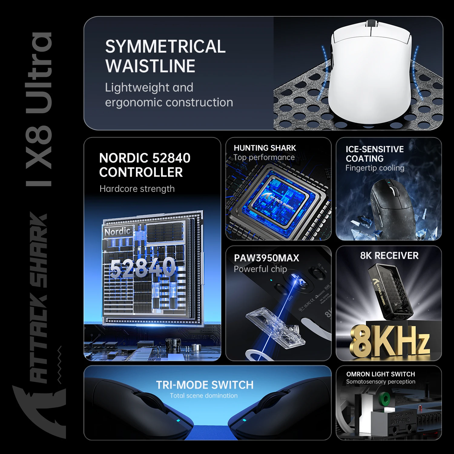 ATTACK SHARK X8 Ultra 8KHz Wireless Gaming Mouse, 55g SUPERLIGHT