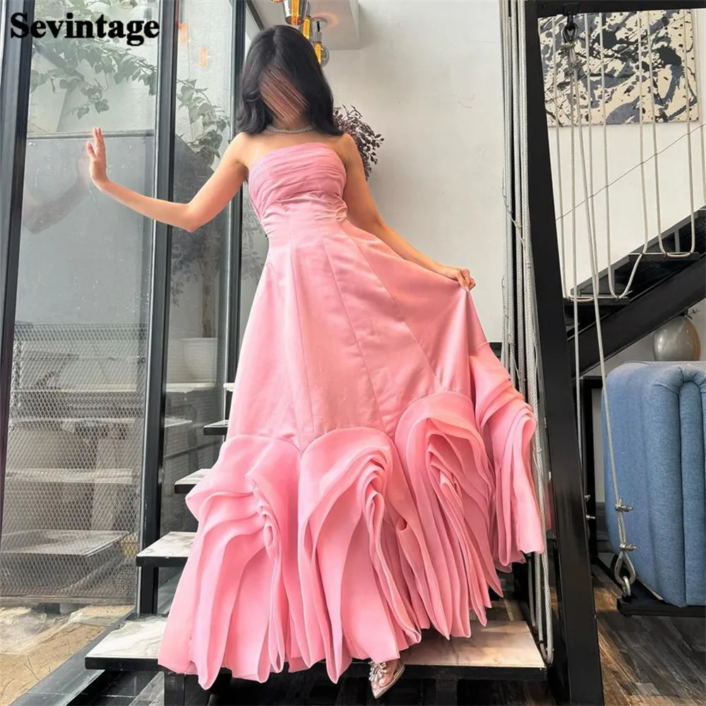 

Sevintage Elegant Blush Pink Prom Dress A-Line Satin Strapless Pleted Ruched Floor Length Evening Dress robes de soirée 2024