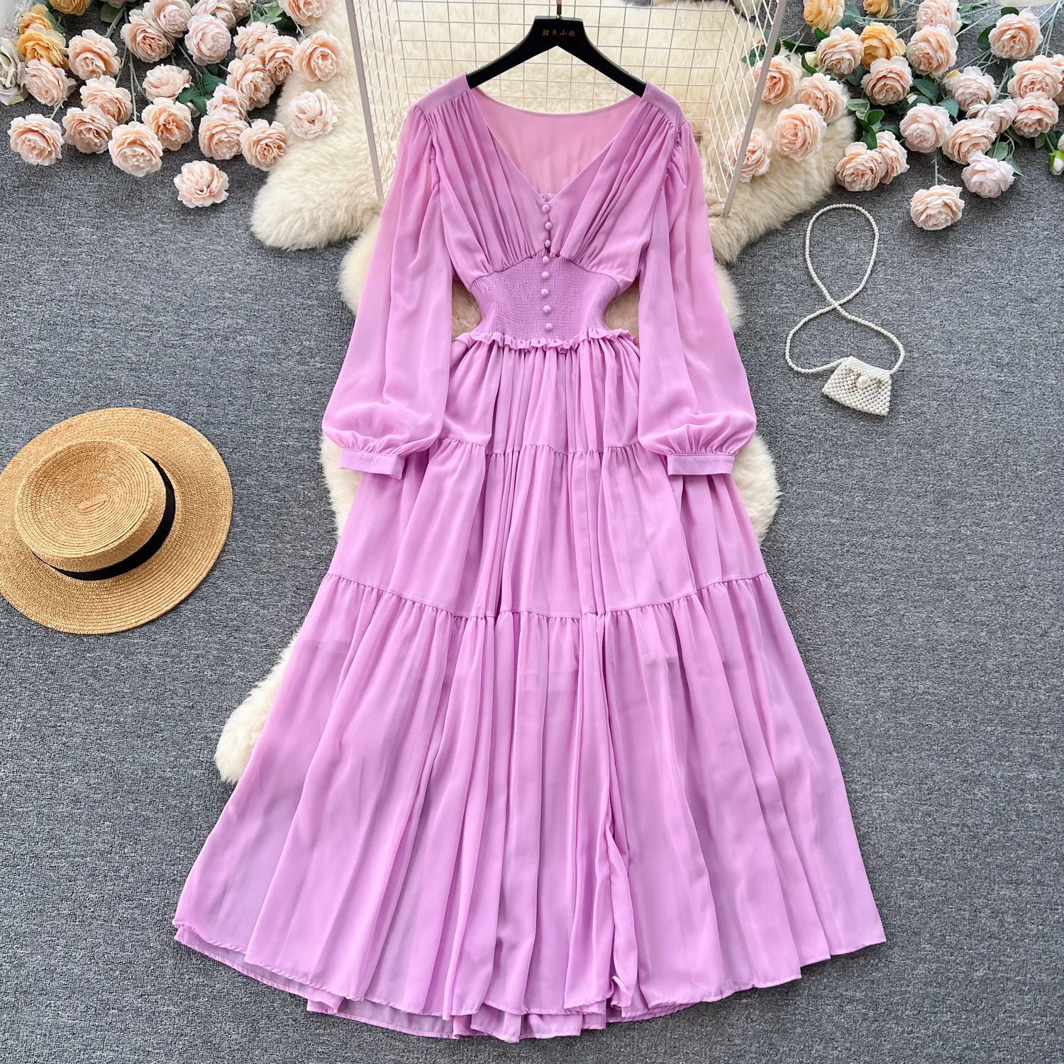 Vintage Chiffon Long Dress Women Elegant V-neck Long Sleeved Casual Dresses French Pleated Slim A-line Long Robe Vestidos