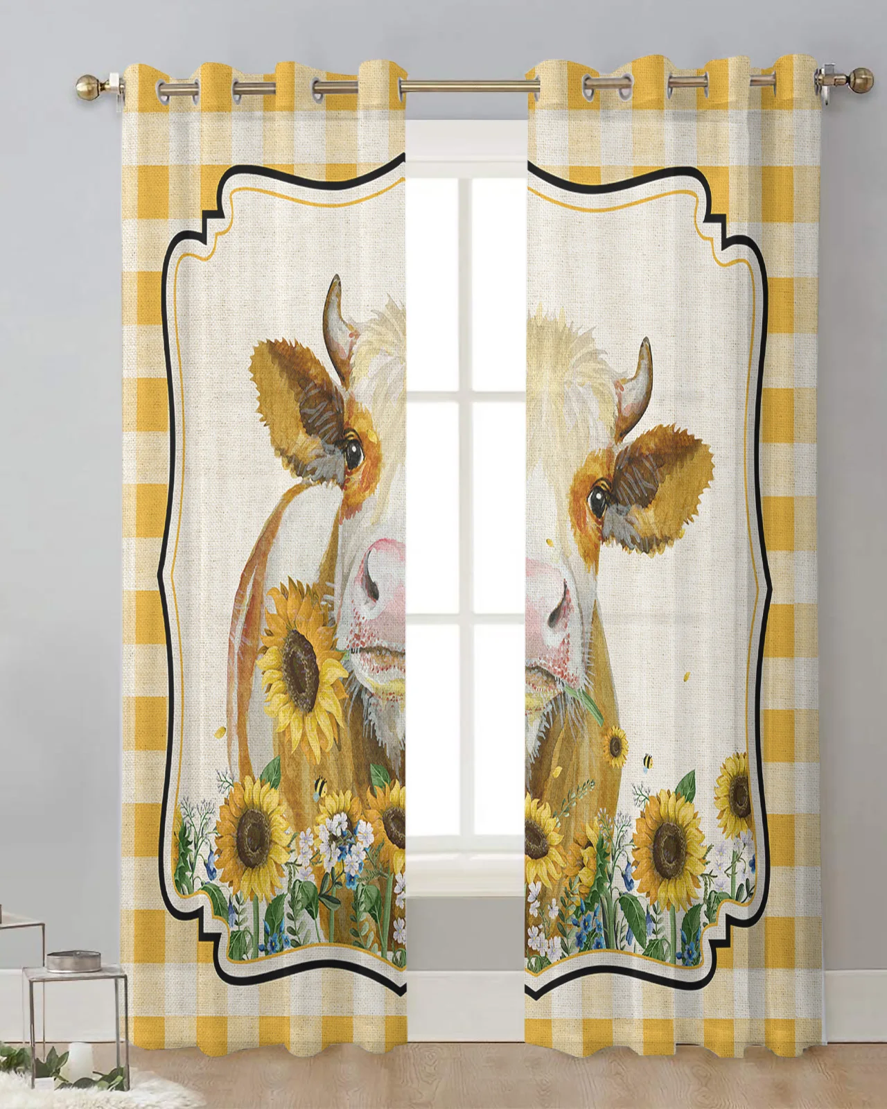 

Country Style Cow And Sunflower Tulle Drapes for Living Room Bedroom Sheer Window Curtains Kitchen Balcony Modern Voile Curtains