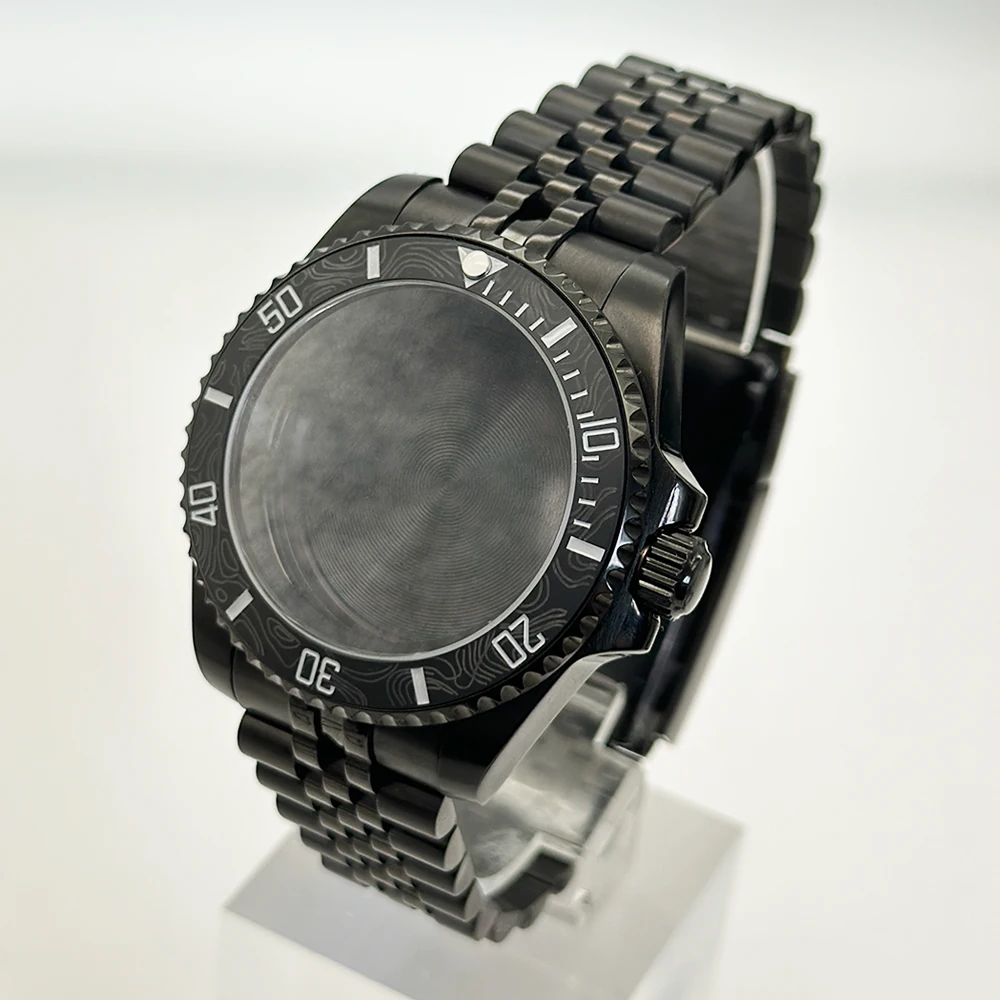 Sleek Black Watch Case with Carbon Fiber Bezel and Sapphire Mirror