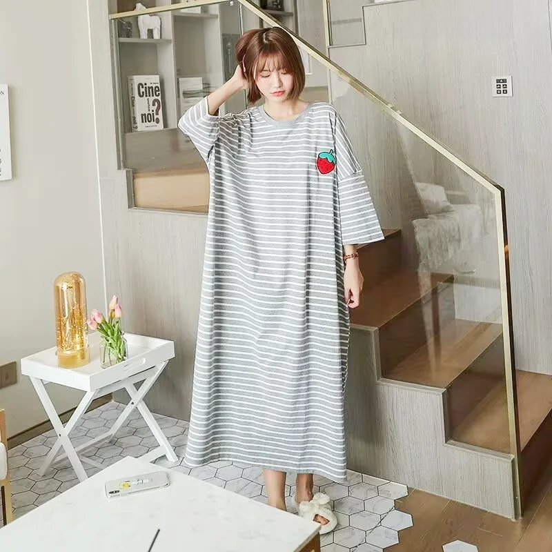 Summer Sleepwear Women's Midi Loose Short Sleeve Home Clothes Student Nightgown Cute Stripes Maternity Comfortable Nightdress - 4