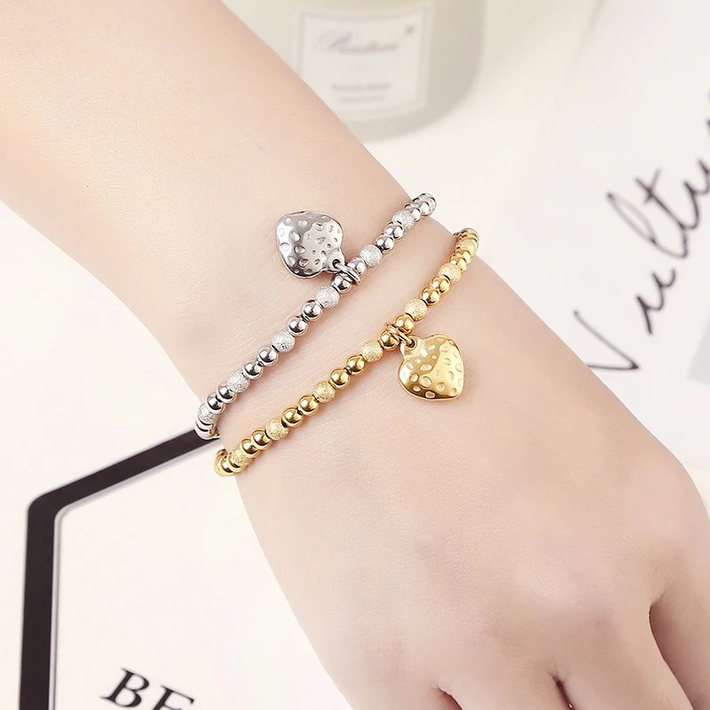 Metal Waterproof Durable Stainless Steel Jewelry Lovers Retro Heart-Shaped High Quality Frosted ball Shiny Bead Elastic Bracelet 2