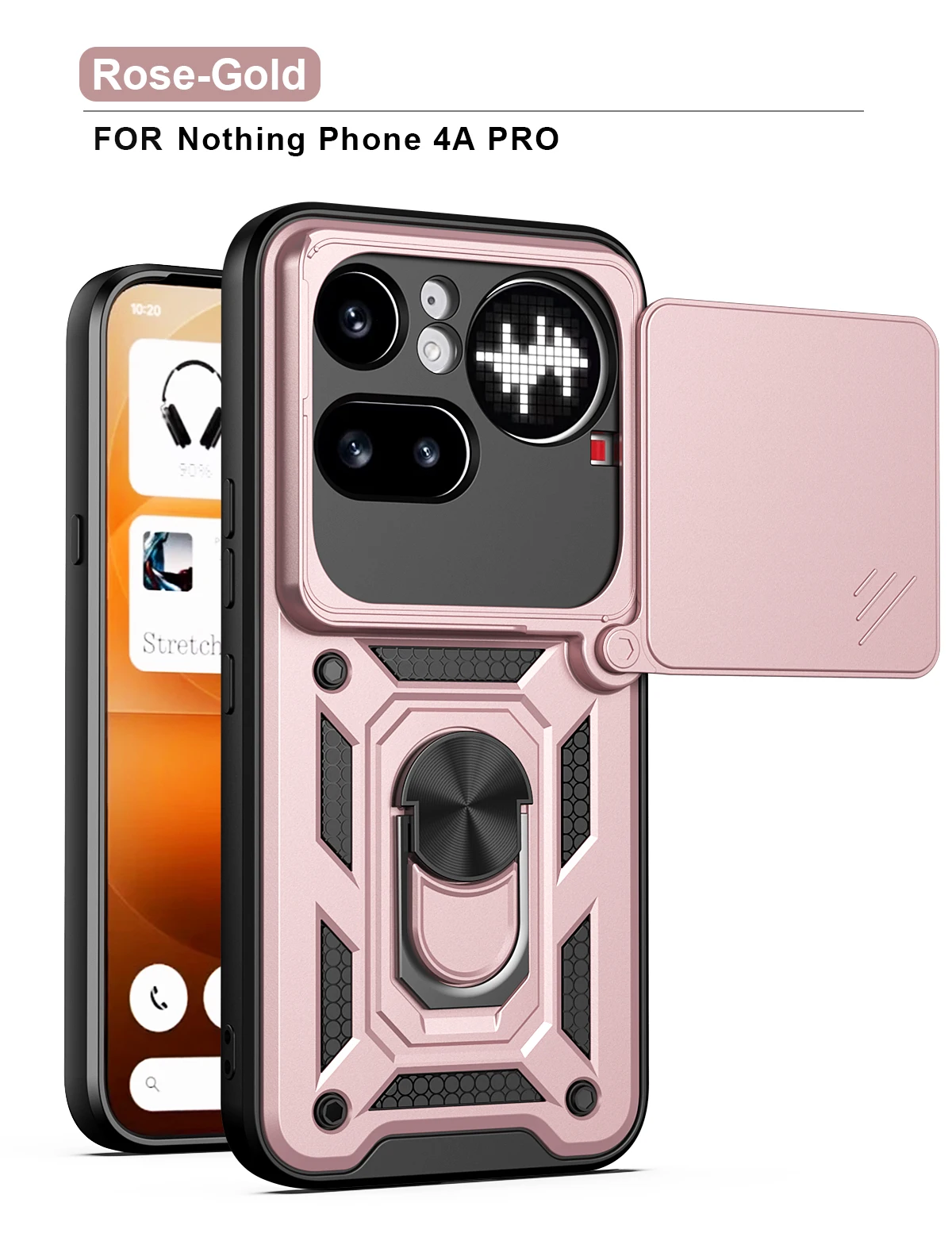 Heavy Duty Shockproof Camera Slider Phone Case with Matte Finish and Ring Holder Kickstand