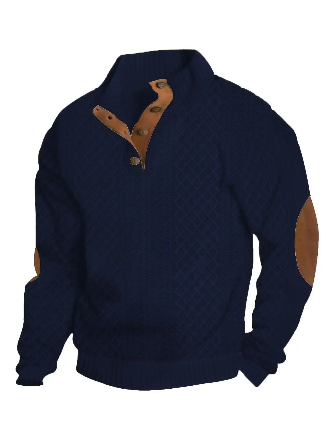 Men's Waffle Knit Quarter Zip Pullover with Contrast Trim and Elbow Patches Casual Long Sleeve Sweater