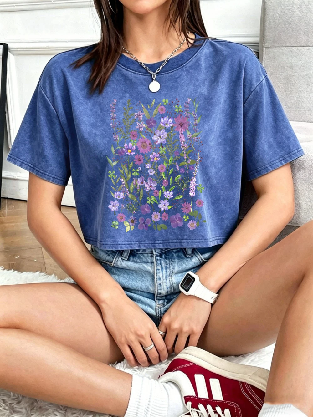 Purple Watercolor Floral Print Women's Summer Cotton Crop Top