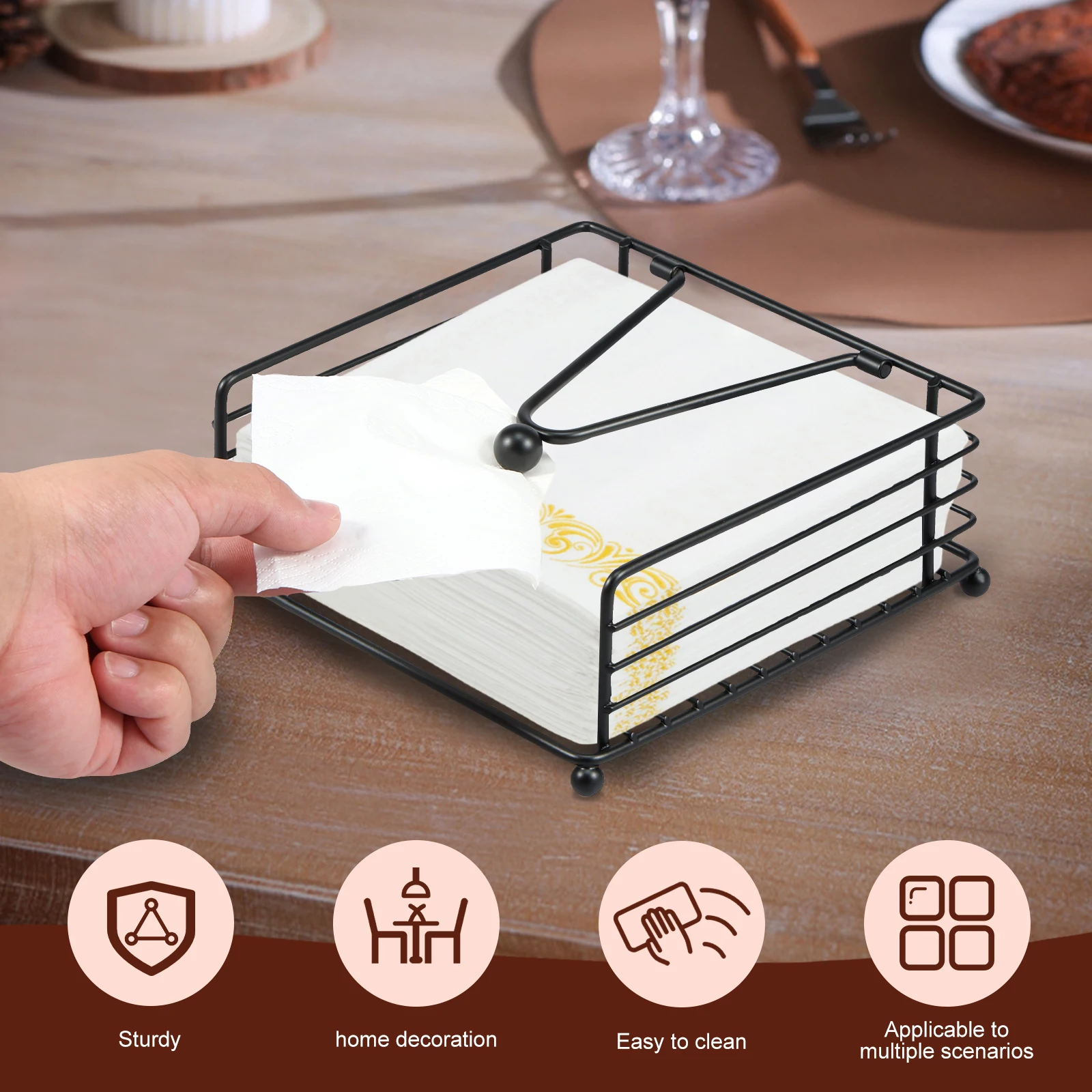 2Pcs New Flat Napkin Holder Metal Rustic Kitchen Napkin Holder Square Paper Dispensers with Adjustable Arm for Countertop Table 2