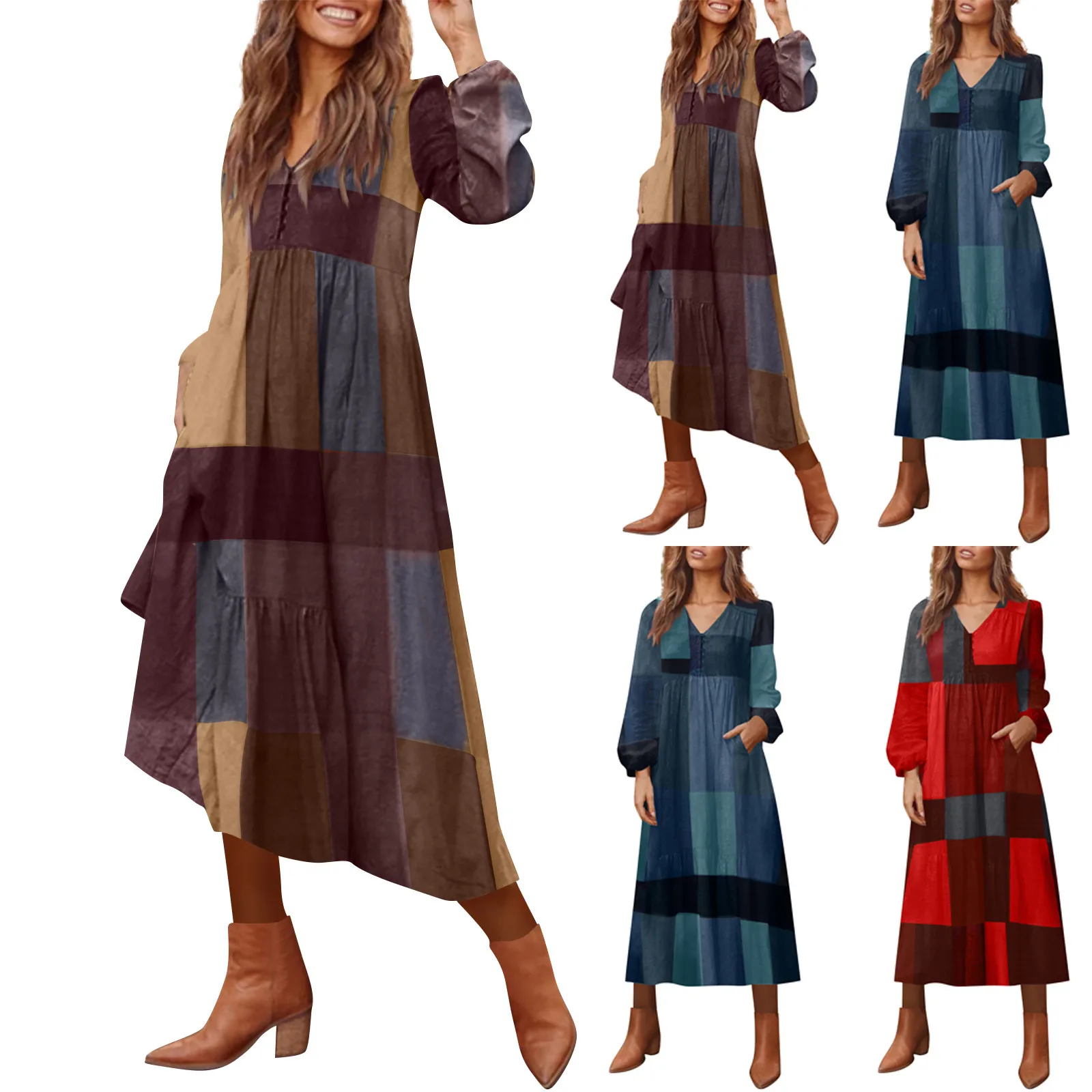 

Women'S Dress Casual Skin-Friendly Fashionable Patchwork V Neck Long Sleeve Summer Dress Summer Women Dresses 2023 Vestidos