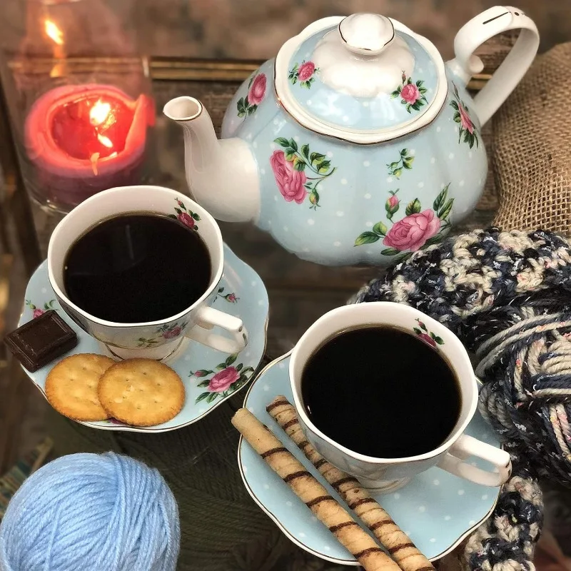 BTaT- Floral Tea Set, Tea Cups (8oz), Pot (38oz), Creamer and Sugar Set, Gift Box, Sets for Women, Cups