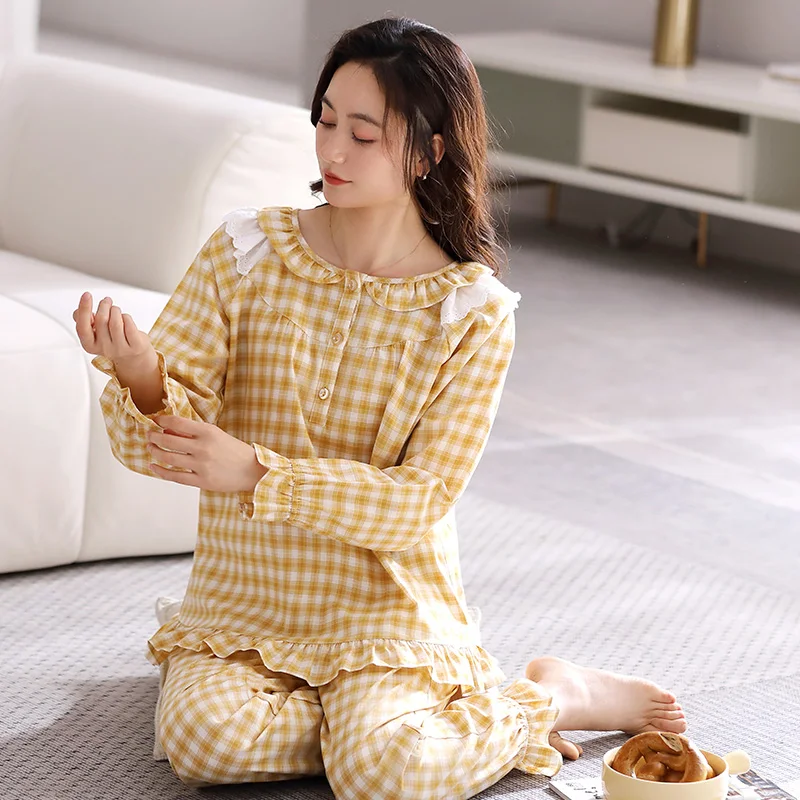 

casual tracksuit plaid print pajama sets women full pure cotton long sleeve woven sleepwear spring women pyjama pijamas mujer