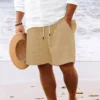 2024 Men's Summer Shorts New Cotton And Linen Comfortable Striped Multi-Pocket Casual Hawaiian Beach Shorts 5