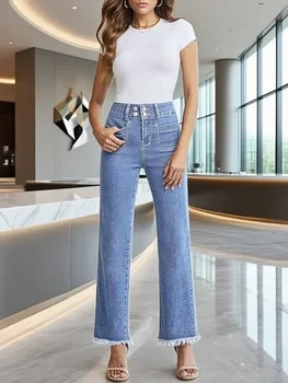 Y2k Jeans For Woman Stretch Denim Trousers Light Blue Straight Leg Multi Button Detail Decorative Pocket New Design 1