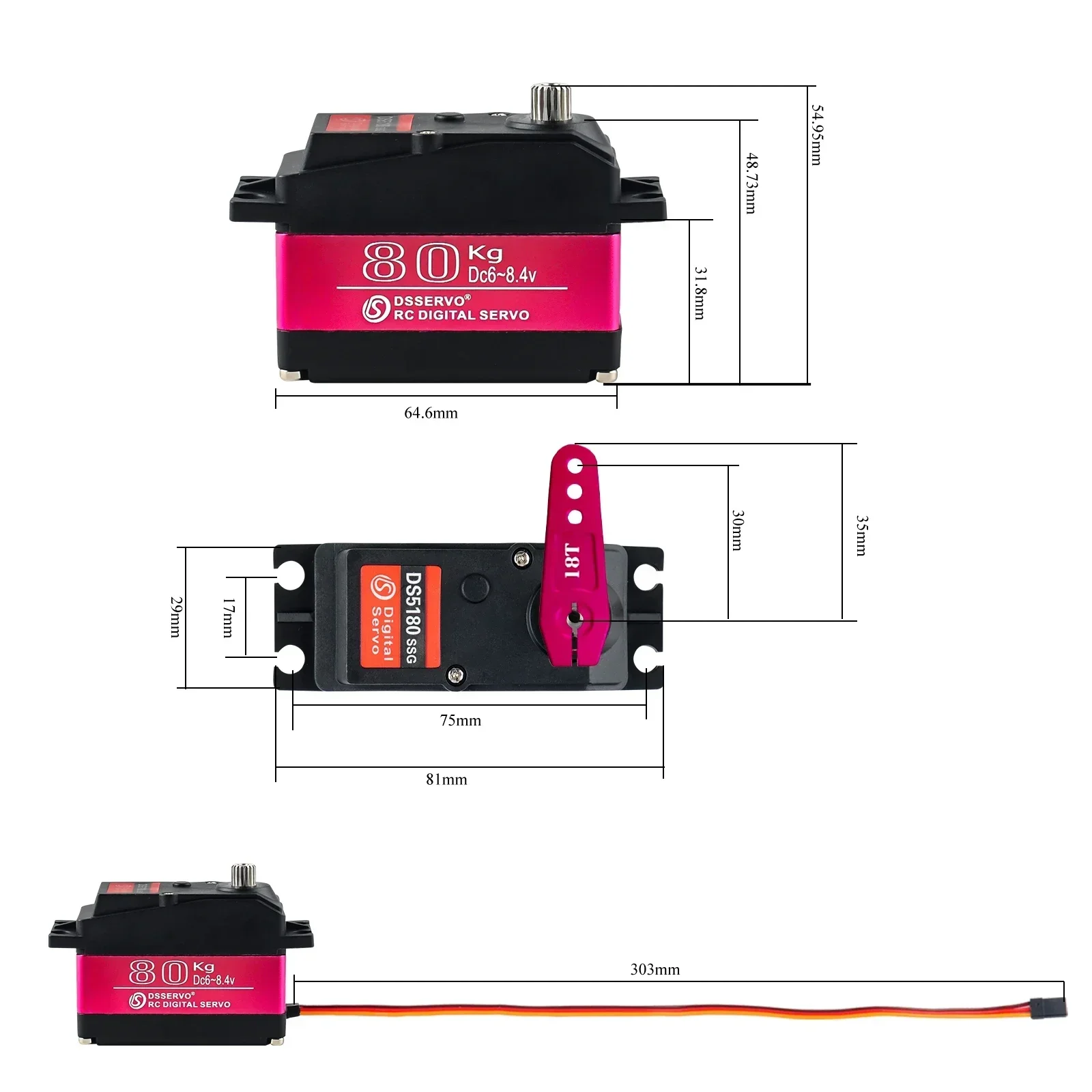Servomoteur DS5180 80KG 7.4V Numérique Métal 180/270° IP66 pour RC, dimensions et fixation