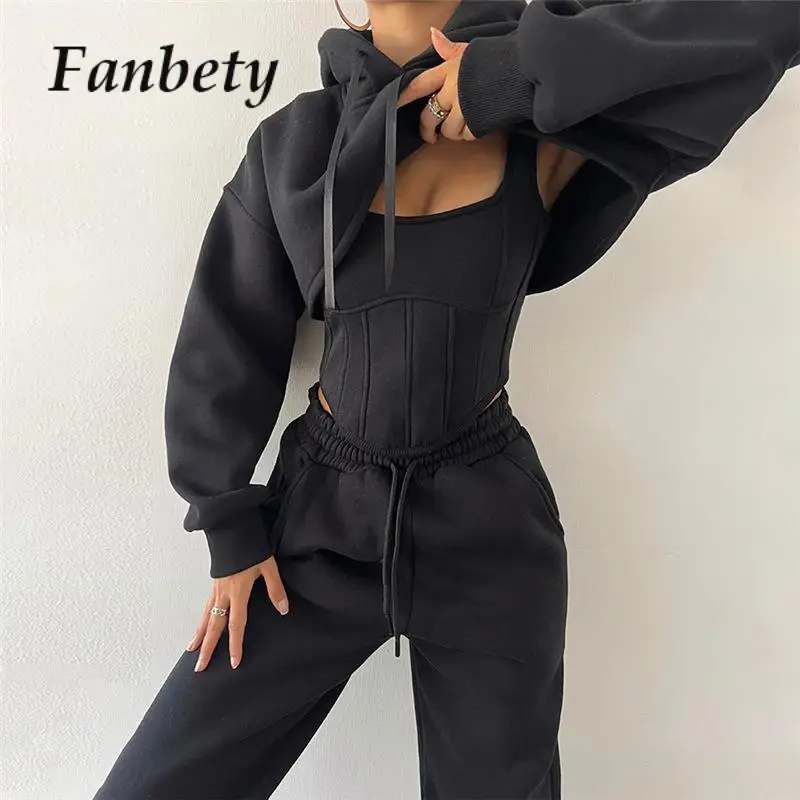 

Fall Winter Fleece Sweatsuit Sport Jogger 3 Two Piece Sweatpants Sets Women Crop Tops Hoodies Tracksuit with Corset Vest Outfits