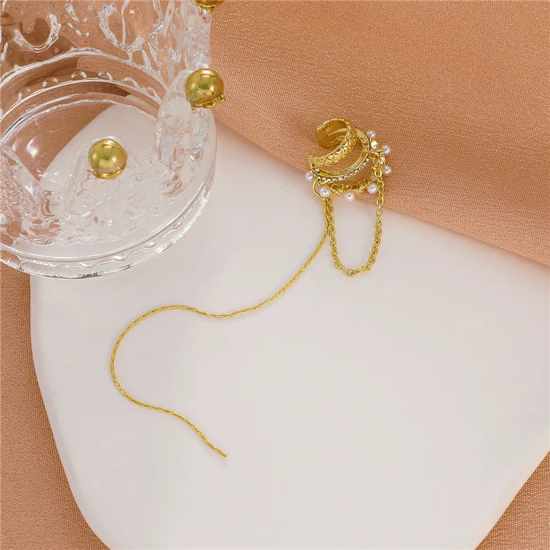 Crystal French Imitation Pearl Long Tassel Earrings Without Pierced Ear Cuff For Women Girl Fashion Ear Clip Jewelry Luxury ear clip earrings,clip earrings,ear clip,ear accessories