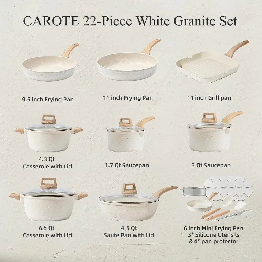 New2025-22pcs Pots and Pans Set Nonstick, Cookware Set White Granite Induction Kitchen Cooking Set w/Frying Pans & Saucepans& Gr