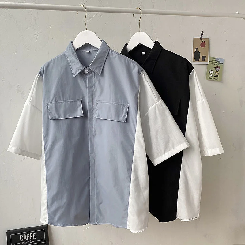 

Summer Cotton Men's Fashion Contrast Color Business Casual Dress Men Streetwear Wild Loose Short Sleeve Shirt M-2XL
