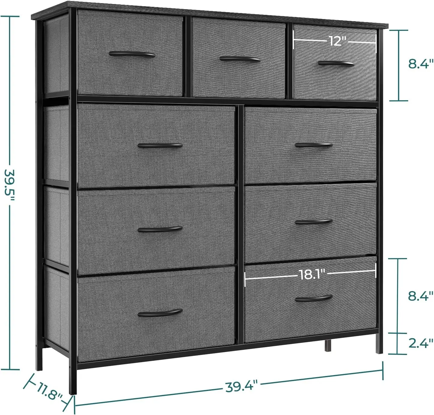 9-Drawer Dresser TV Stand with Metal Frame & Wood Top, Media Console for TVs up to 45", Bedroom/Living Room - Classic Grey
