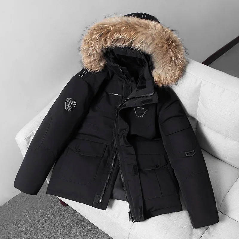 Men Thermal Down Jacket Thick Puffer Jacket Men Coat Winter Parka 90% White Duck Down Removable Cap