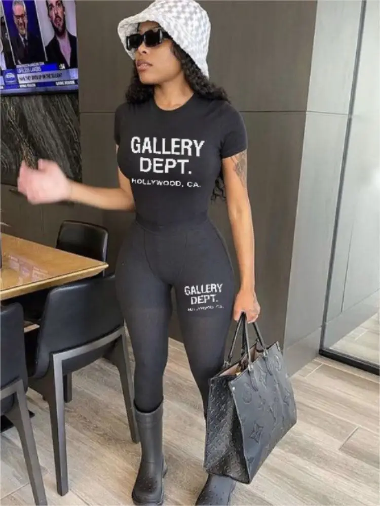 

Womens Joggers Outfits Letter Print 2 Two Piece Sets Short Sleeve Top+ Skinny Long Pants Matching Suits Streetwear Tracksuits