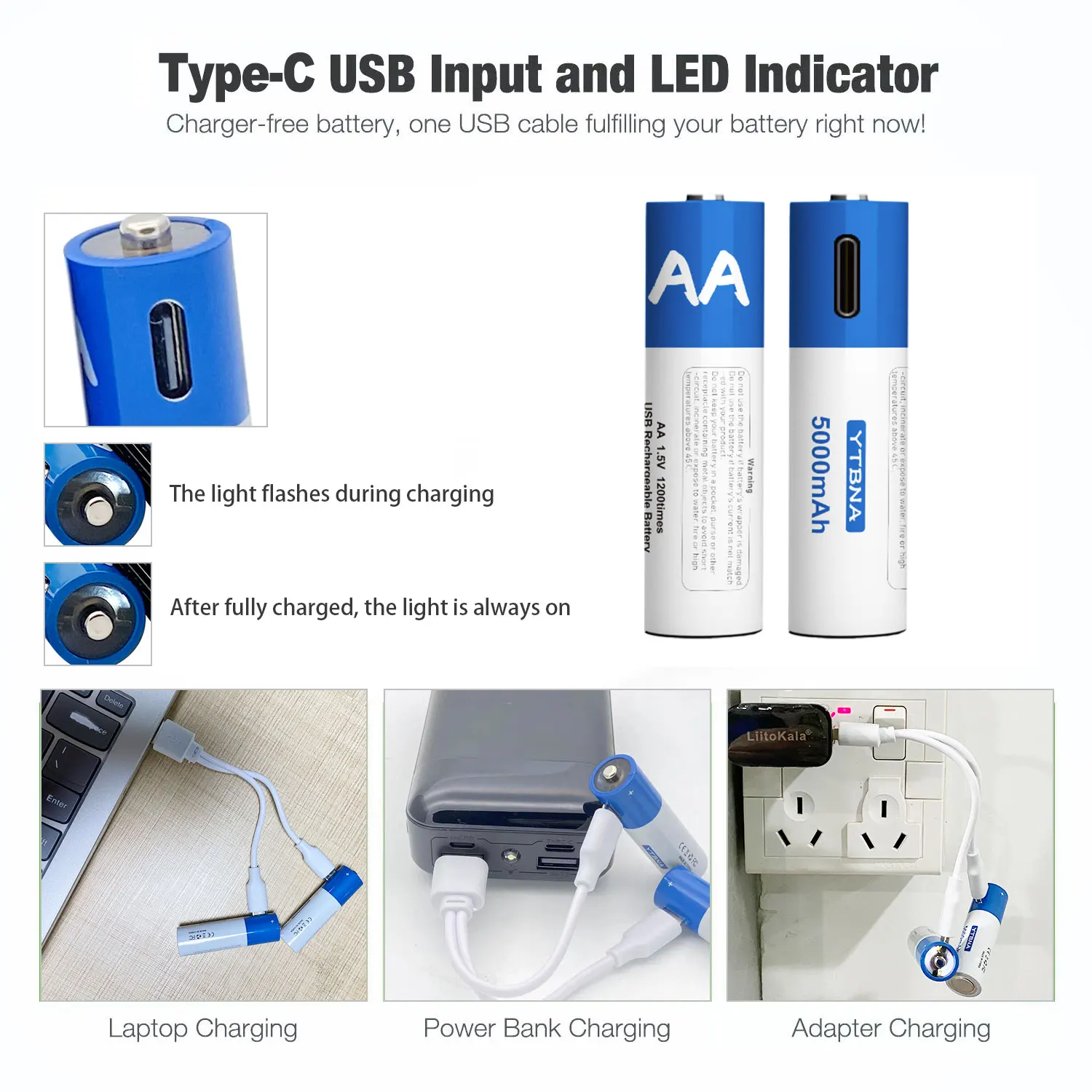 AA 5000mAh USB Rechargeable  1.5V AA  Li-ion Battery For Remote Control Mouse Small Fan Electric Toy Battery With Cable