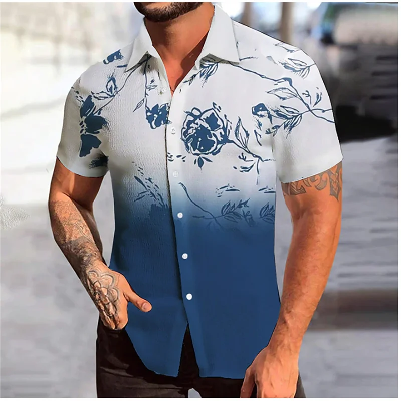 Luxury Men's Shirt Summer Hawaiian Shirt Floral Gradient Print Blue Street Casual Short Sleeve Fashion Street Designer 5 Colors