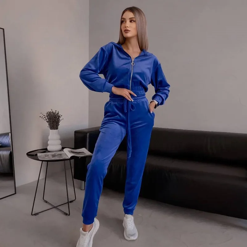 

2023 Two Piece Sets Women Zipper Hoodies Sweatshirts Coats Lace Up Elastic Waist Loose Long Pants Set Splice Autumn Winter