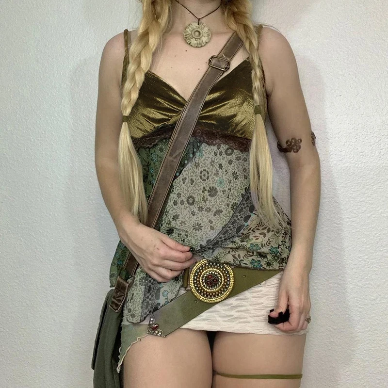 Mori Girl Style Patchwork Camis Top Y2K Aesthetic Vintage Green Sexy V Neck Tank Top Summer Asymmetry Lace-up Vest