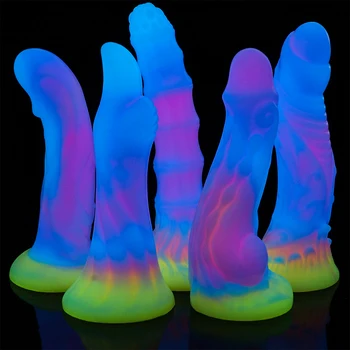 Cute New Luminous Dildo Anal Sex Toys for Women Men Colourful Glowing Dildos Huge Dragon Monster Dildo Butt Plug Adult Toys Distributor Cute New Luminous Dildo Anal Sex Toys for Women Men Colourful Glowing Dildos Huge Dragon Monster