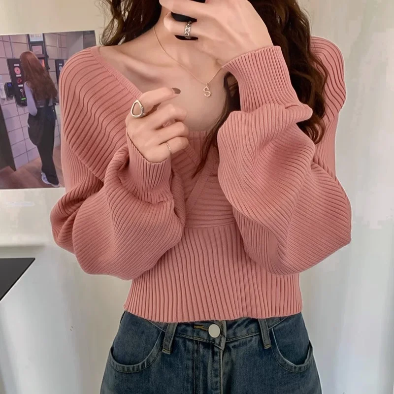 

Women's Thin Sweater 2023 Autumn New Fashion Korean Design Square Neck Puff Sleeve Outerwear Knitted pullover Top Female Trendy