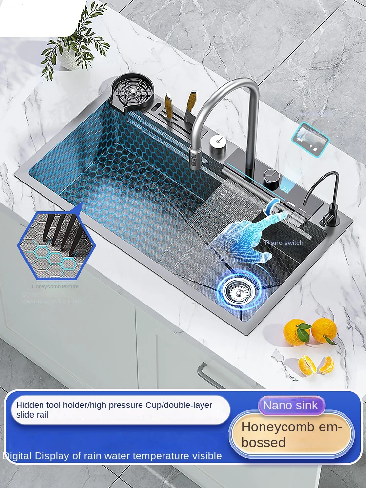 

Digital Display Waterfall Kitchen Sink Large Single Slot Nano Stainless Steel Sink Undercounter Honeycomb Embossed Washbasin