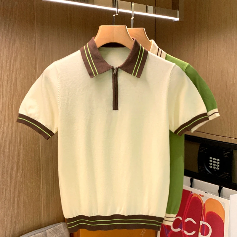 

2024 Summer Men's Fashion Patchwork Knitted Polo Shirts Male Short Sleeve Casual Zipper T-shirts Man Slim Fit Tops Tees Z27