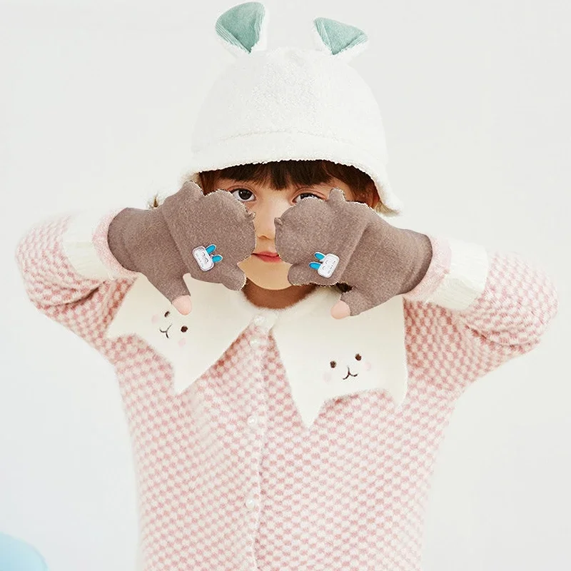 Baby Winter Gloves Boys Girls Knitted Fingerless Mittens Children Half Finger Flip Cuff Mittens Toddler Warm Gloves 1-6 Years