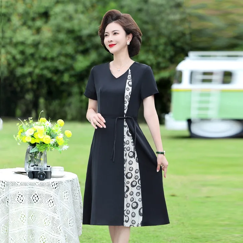 

Office Lady Black O-neck Patchwork Floral Short Sleeve Empire Belt Dress Fashion Summer Elegant Pullover Womens Clothing