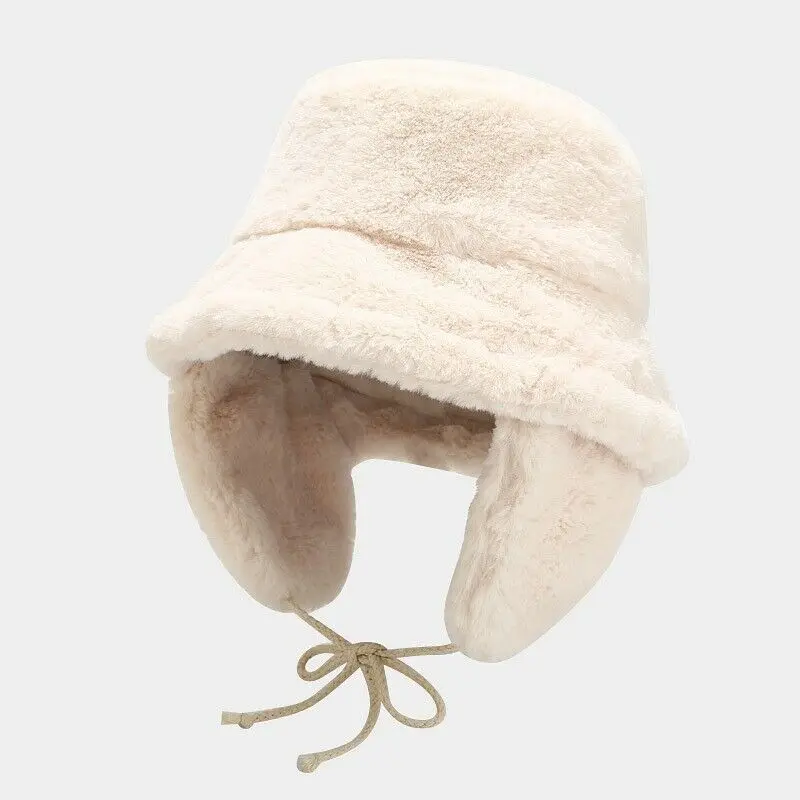 

Korean Women Winter Bucket Hat Thicken Warm Faux Fur Ear Protection Fisherman Hats Outdoor Plush Panama Windproof Basin Hats New