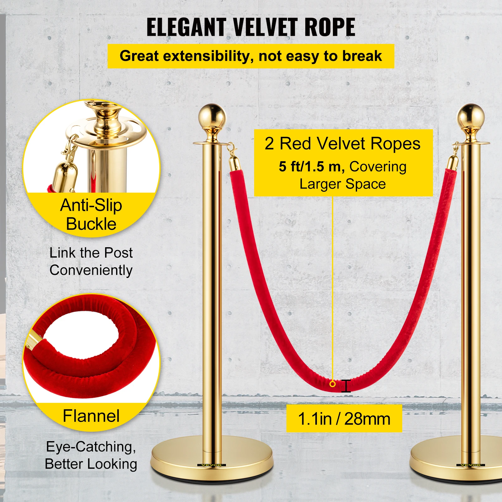 VEVOR Gold Crowd Control Barrier 5 ft/1.5 m Elegant Velvet Ropes and Posts Stainless Steel Stanchion Post with Ball Top 4 PCS
