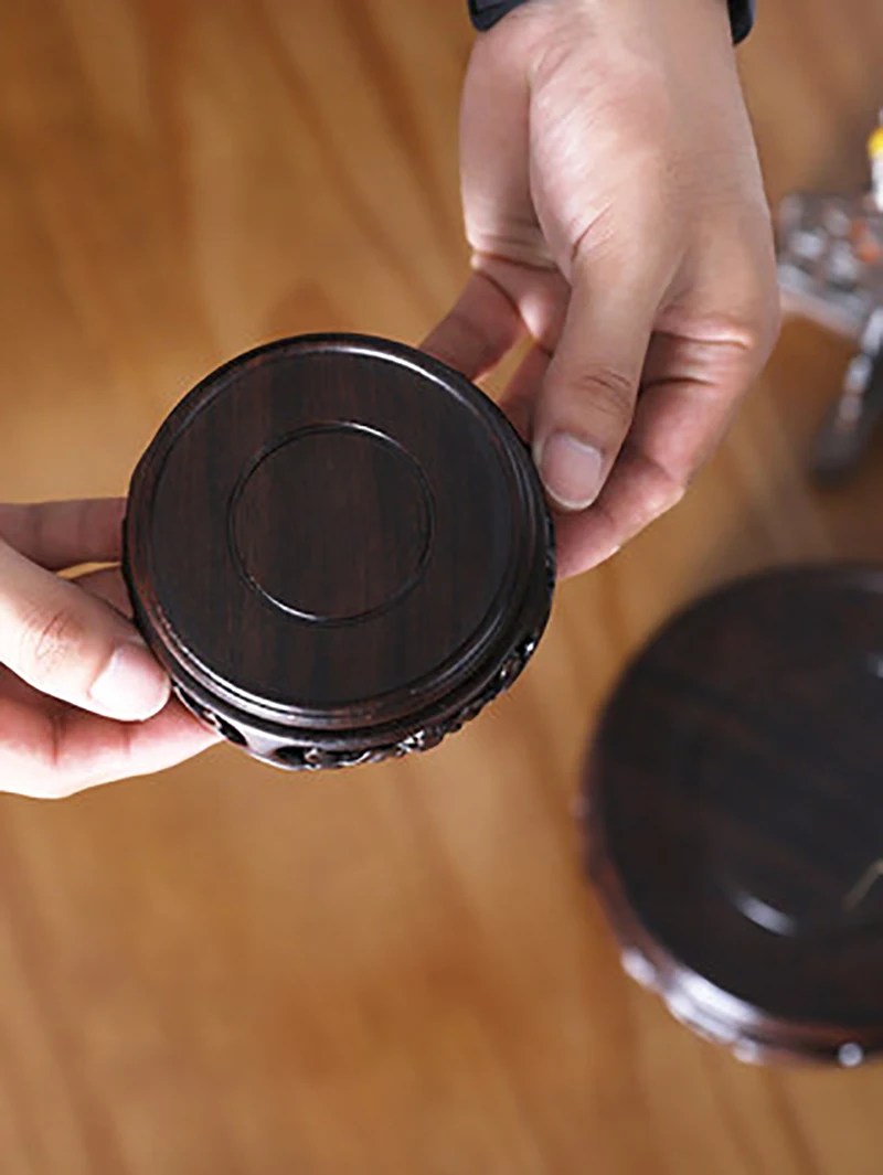 Ebony Carved Bat Pattern Base Craftwork Solid Wood Base Flower Vases Stone Jade Teapot Aquarium Base