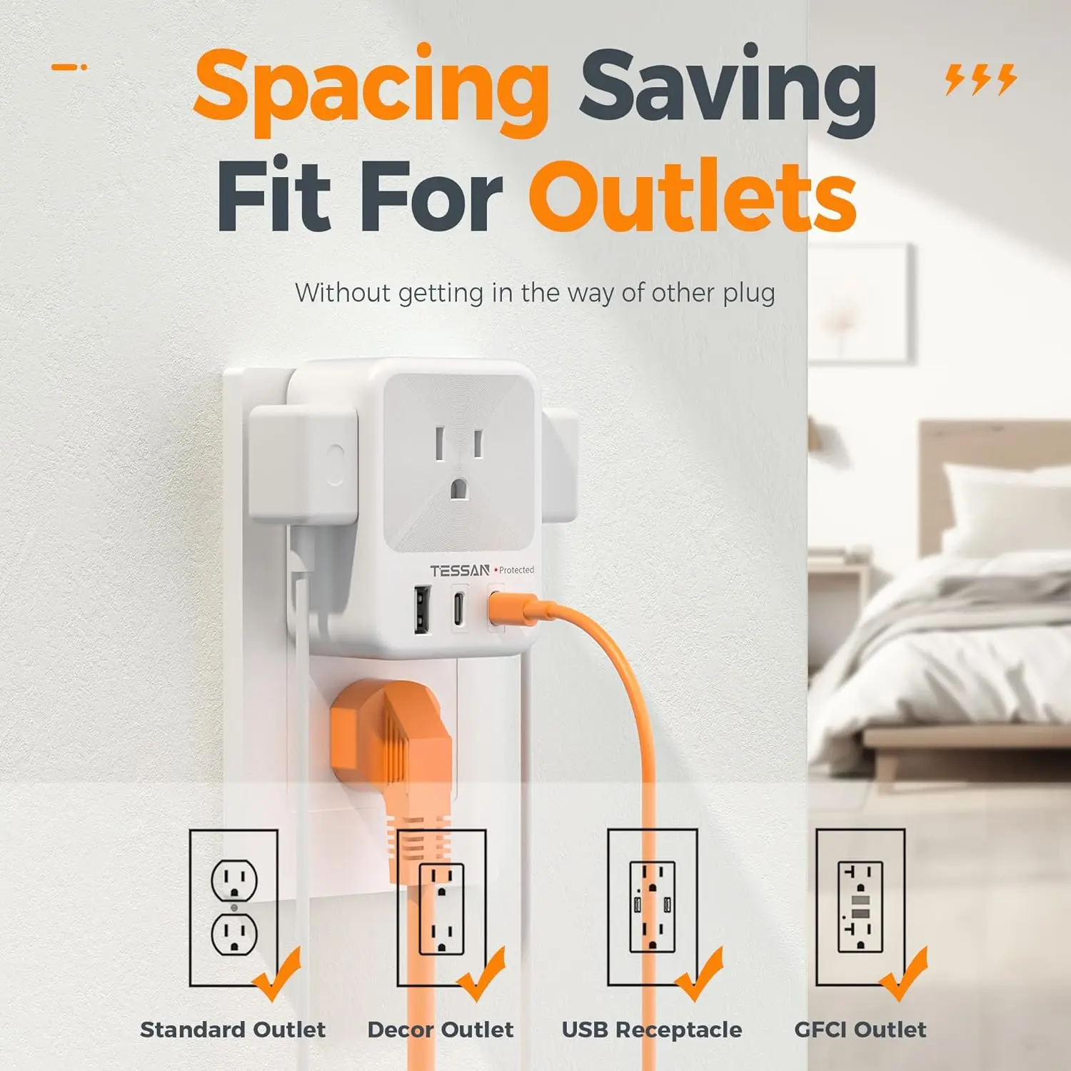 Power strip TESSAN US Plug Power Strip 4AC Outlet 3USB Charging Port Multi-Contacts Electrical Socket with Surge Protector for Home