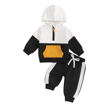 Completi autunnali per bambini da 0 a 3 anni, colori a contrasto, felpe con cappuccio a maniche lunghe e pantaloni elastici, set da 2 pezzi