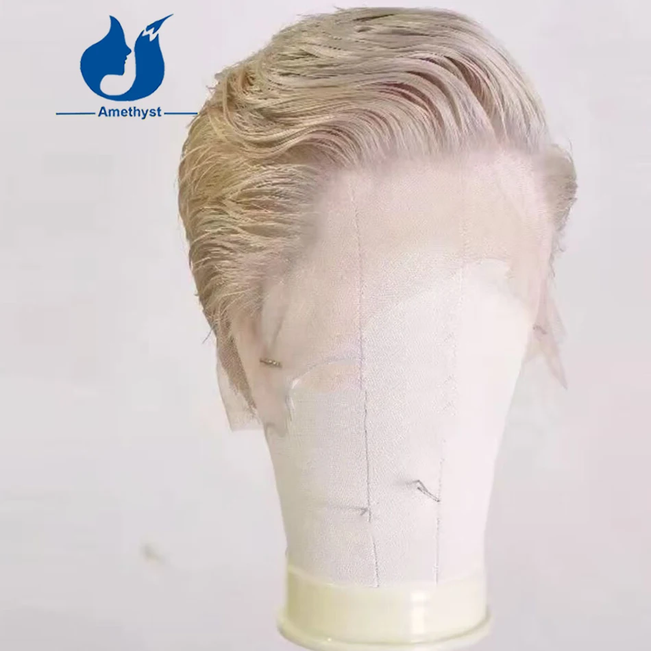 아메시스트 남성용 60 플래티넘 블론드 가발, 면도된 짧은 인모 가발, 사이드바운드 포함, 풀 레이스 브라질 레미 헤어, 사이드 파트