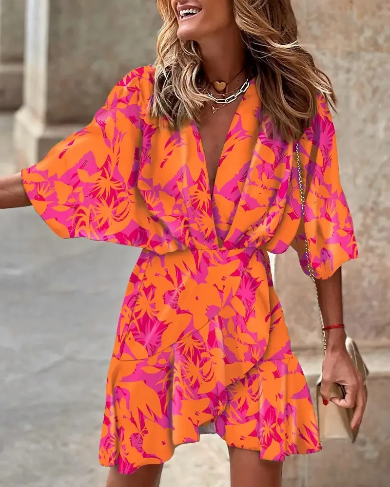 

Fashion Batwing Sleeve Tropical Print Ruffle Hem Dress Summer Women V Neck Half Sleeve Mini Dress