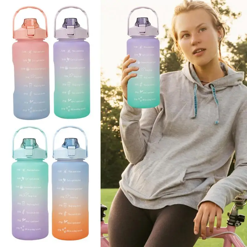 

2L Outdoor Sports Bottle Gradient Plastic Cup With Time Marker Motivational Sports Water Bottle Drink botella deportiva