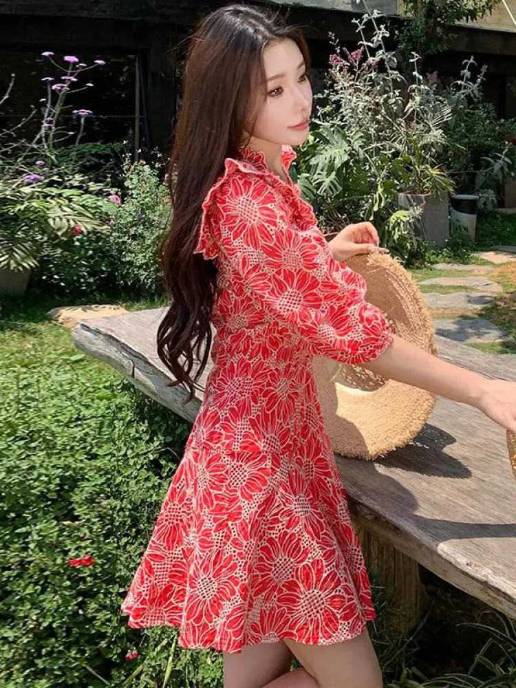 빈티지 프랑스 여성 우아한 홀리데이 블루 자수 미니 원피스, 레드 플라워, 브이넥 프릴 엣지, 짧은 원피스 인기, 여름 트렌드