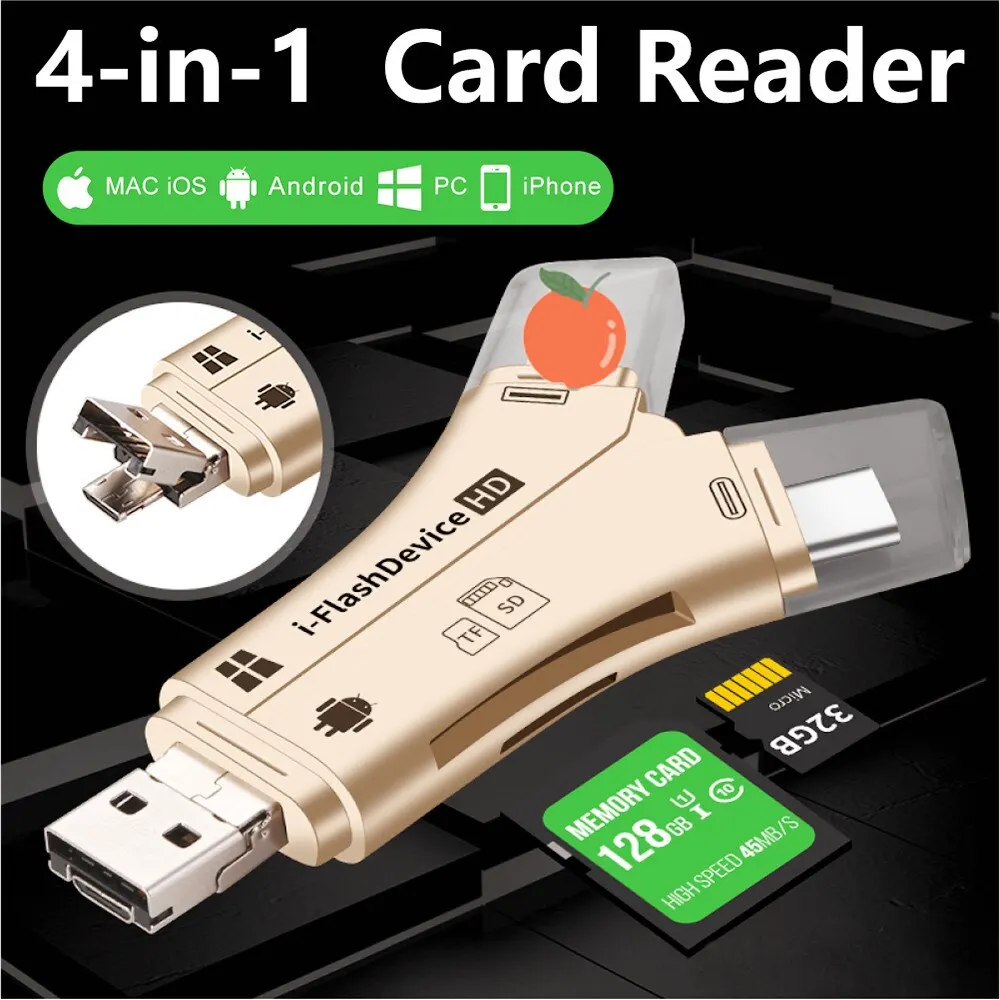 USB2.0+Micro+Type-c+Lightning 4-in-1 Multi-interface Card Reader for SD/TF Card for Phone Android iPad I-flashdevice