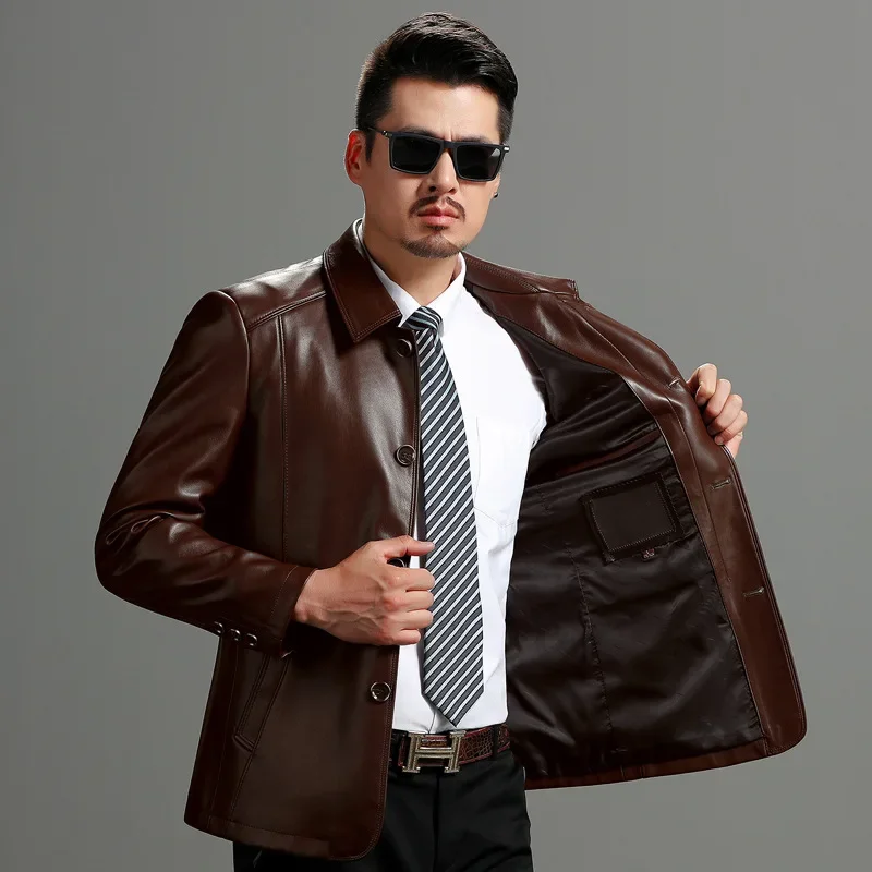 Men's New Genuine Leather Jacket with a Lapel and Short Leather Jacket Plush and Thick Coat for Middle-aged and Elderly People - Image 2
