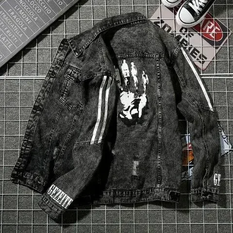 thumbnail image 1 of Chaqueta vaquera para hombre, estilo punk, con rayas, color amarillo, para otoño, talla L, de alta calidad, de diseñador y precio más bajo, informal, de tela Y2k, 1 of 5